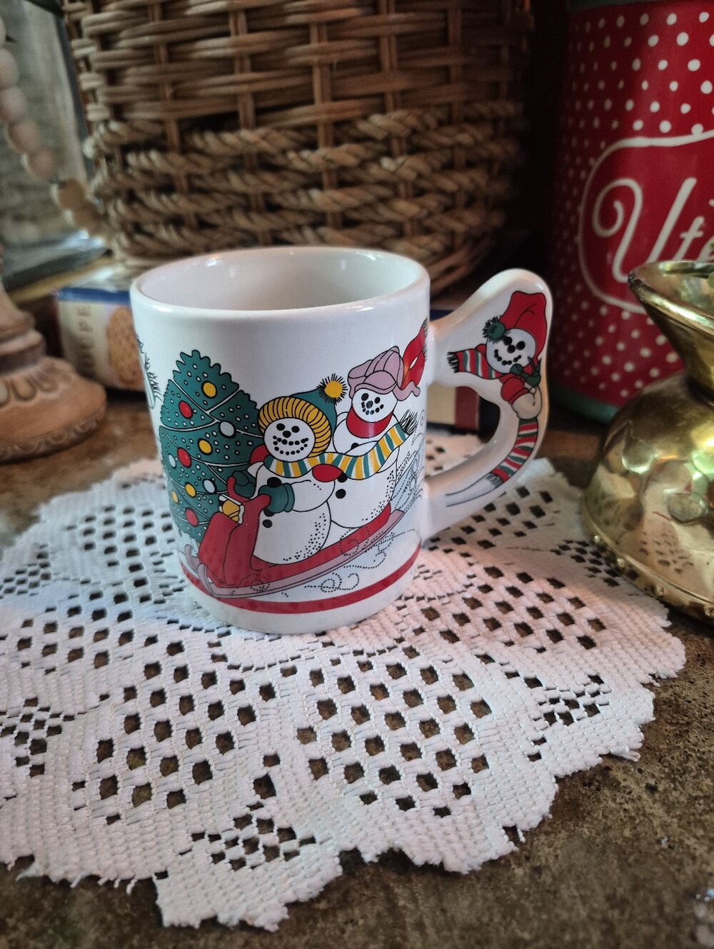 Vintage Christmas Snowman Mug Cup W/Figural Handle